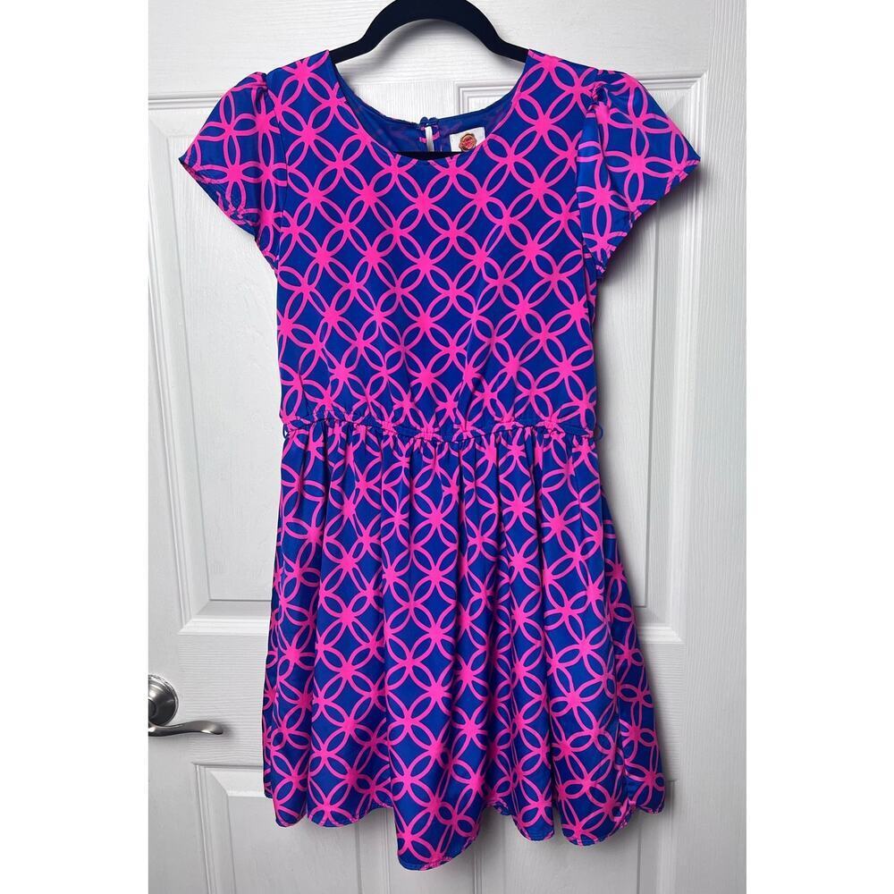 Total Girl Dress Capped Short Sleeves Navy Pink Geometric Pattern Girls Size XL